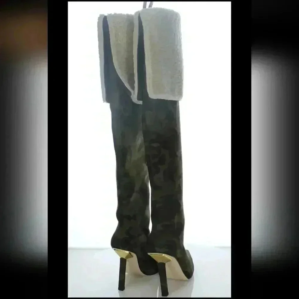 Good American Tall Boots Scuba Material Shearling Heeled Kick Stand Camo Green 7